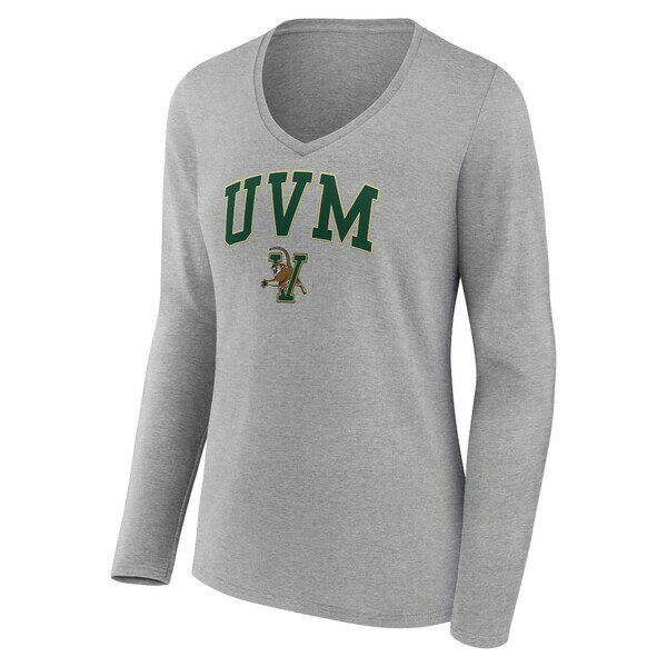 եʥƥ ǥ T ȥåץ Vermont Catamounts Fanatics Branded Women's Campus Long Sleeve VNeck TShirt Gray