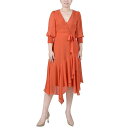 ニューヨークコレクション レディース ワンピース トップス Petite 3/4 Sleeve Belted Chiffon Handkerchief Hem Dress Orange Rust