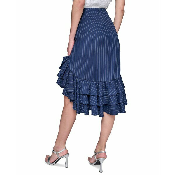 カールラガーフェルド レディース スカート ボトムス Women's Pinstriped Asymmetrical Ruffled Skirt Indigo & Soft White