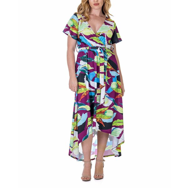 24セブンコンフォート レディース ワンピース トップス Print V Neck Belted High Low Faux Wrap Dress Miscellane