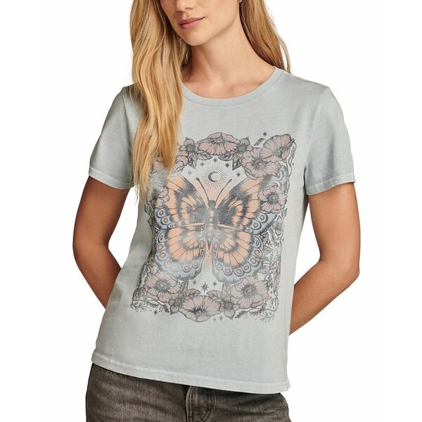 ラッキーブランド レディース Tシャツ トップス Women's Cotton Floral Butterfly Classic T-Shirt Blue Fog