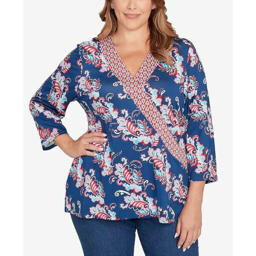 ルビーロード レディース カットソー トップス Plus Size Ikat Floral Puff Print Surplice Top Indigo Multi ルビーロード レディース カットソー トップス Plus Size Ikat Floral Puff Print Surplice Top Indigo Multi