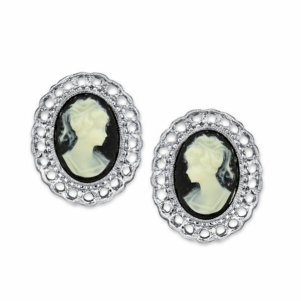 2028 レディース ピアス＆イヤリング アクセサリー Silver-Tone Black Cameo Oval Filigree Clip Button Earrings Jet