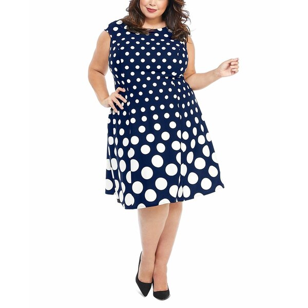 ロンドンタイムス レディース ワンピース トップス Plus Size Polka-Dot Fit & Flare Dress Navy White