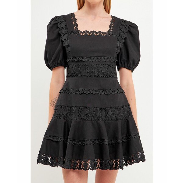 エンドレスローズ レディース ワンピース トップス Women's Multi Lace Linen Mini Dress Black