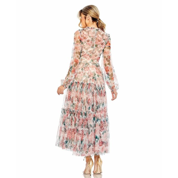 マックダガル レディース ワンピース トップス Women's Long Sleeve High Neck Long Balloon Sleeve Midi Dress White multi