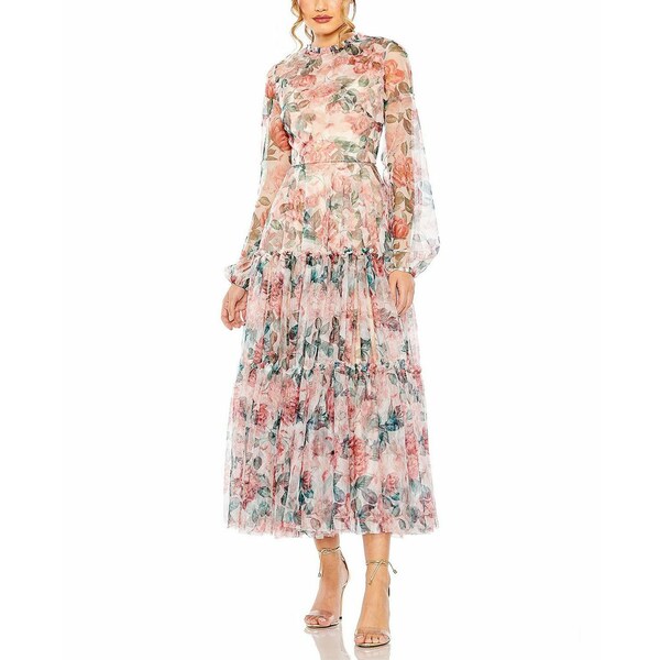 マックダガル レディース ワンピース トップス Women's Long Sleeve High Neck Long Balloon Sleeve Midi Dress White multi