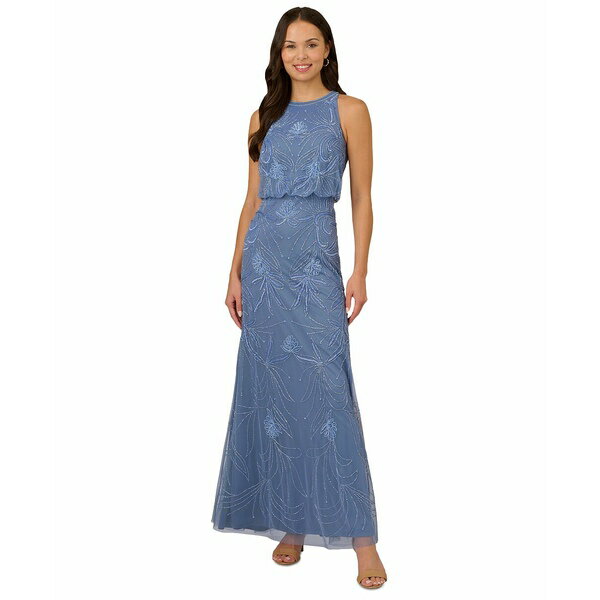 アドリアナ パペル レディース ワンピース トップス Women's Beaded Bloused-Waist Evening Gown French Blue