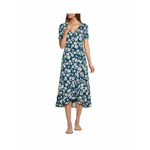 ランズエンド レディース ワンピース トップス Women's Cotton Modal Vneck Wrap Mini Dress Baltic teal pansy floral