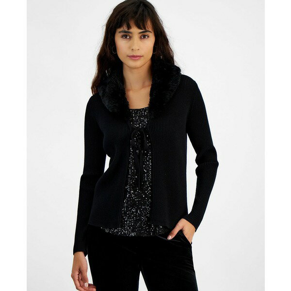バースリー レディース ニット&セーター アウター Women's Faux Fur Collar Ribbed Knit Cardigan, Created for Macy's Black