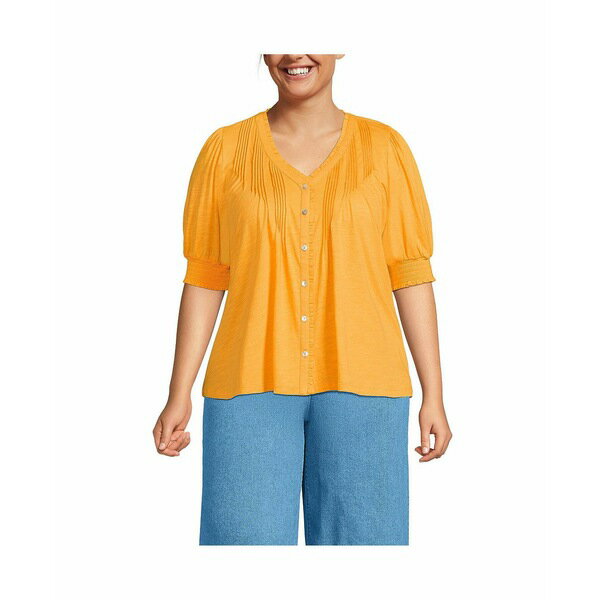 󥺥 ǥ åȥ ȥåץ Women's Plus Size Button Pintuck Puff Sleeve T...
