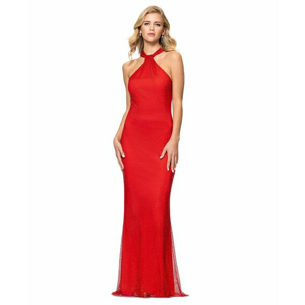 ベッツィ アンド アダム レディース ワンピース トップス Women's Rhinestone Mesh Halter Gown Red