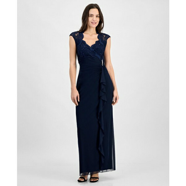 コネクテッド レディース ワンピース トップス Lace Column Gown Navy
