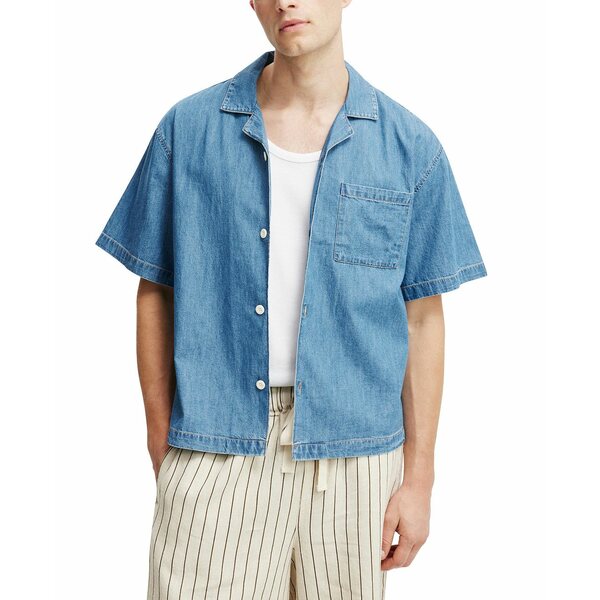åȥ󥪥   ȥåץ Men's Denim Box Fit Short Sleeve Shirt Mid blue ri...