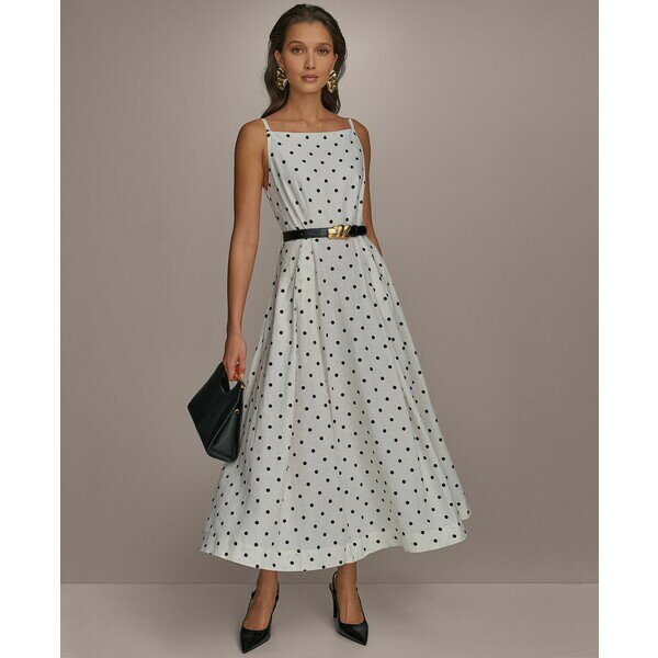 ダナ キャラン ニューヨーク レディース ワンピース トップス Women's Linen-Blend Polka-Dot A-Line Dress Cream Black