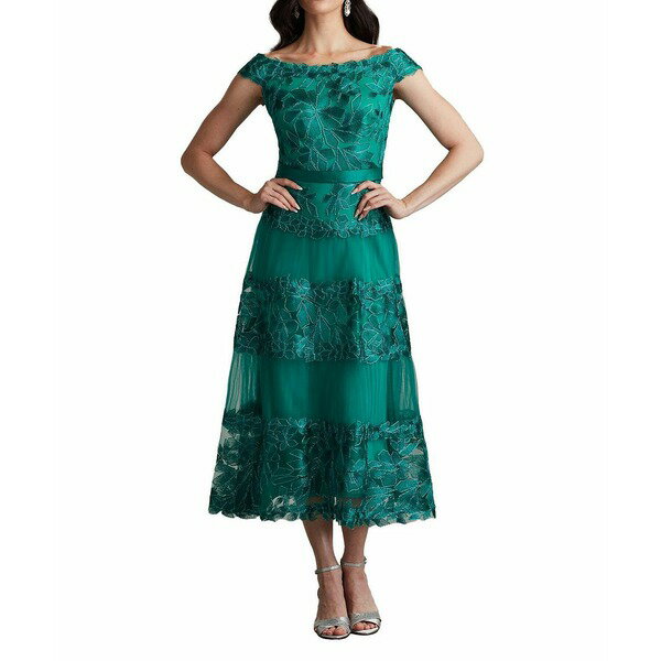 タダシショージ レディース ワンピース トップス Adriane Floral Embroidered Tea-Length Dress Green