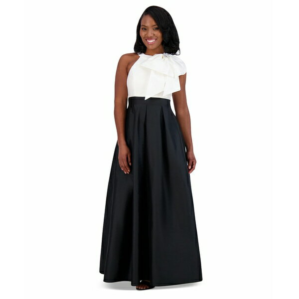 エリザジェイ レディース ワンピース トップス Women's Bow-Trim Halter Pleated Taffeta Gown Black/Ivory