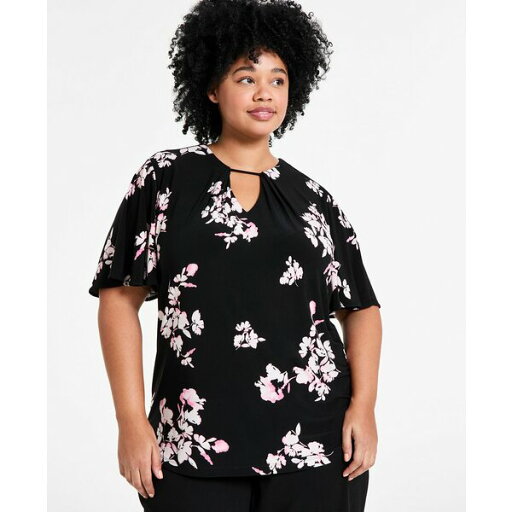 アンクライン レディース カットソー トップス Plus Size Pleat-Neck Short-Bell-Sleeve Blouse Anne Black Multi アンクライン レディース カットソー トップス Plus Size Pleat-Neck Short-Bell-Sleeve Blouse Anne Black Multi