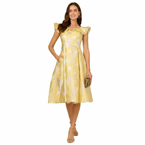アドリアナ パペル レディース ワンピース トップス Women's Boat-Neck Flutter-Sleeve Dress Yellow Multi