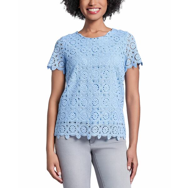 硼󥺥˥塼衼 ǥ åȥ ȥåץ Petite Short-Sleeve Lace Top Chintz Blue