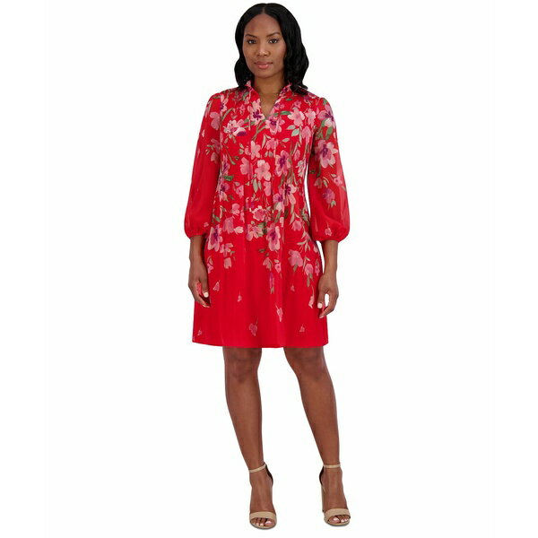 ジェシカハワード レディース ワンピース トップス Petite Pleated Floral-Print Shift Dress Poppy
