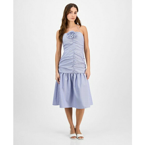 フォーティーンス プレイス レディース ワンピース トップス Tinsel Juniors' Striped Rosette-Trim Dropped-Waist Midi Dress Med Blue