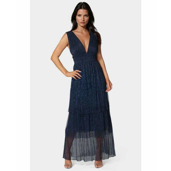 ベベ レディース ワンピース トップス Women's Tiered Plunge Neck Lurex Midi Dress Navy