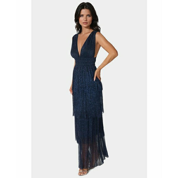 ベベ レディース ワンピース トップス Women's Tiered Plunge Neck Lurex Midi Dress Navy