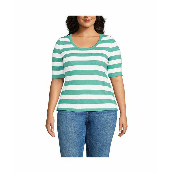 ランズエンド レディース カットソー トップス Women's Plus Size Drapey Rib Fitted Elbow Sleeve Scoop Neck Tee Frosted green stripe