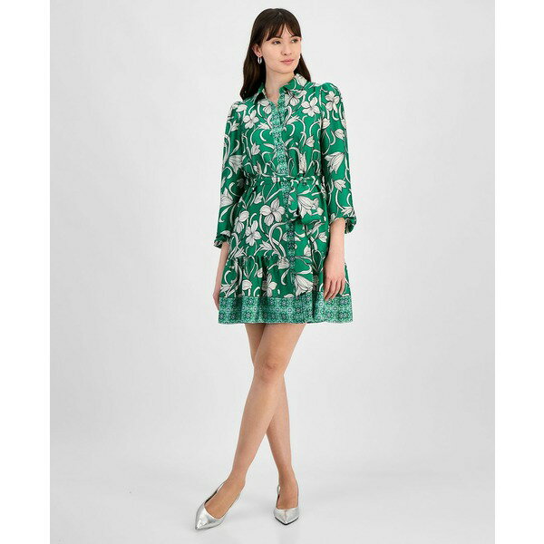 󥯥饤 ǥ ԡ ȥåץ Women's Tiered Belted Floral-Print Dress Green...