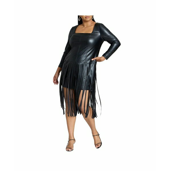 エロクイ レディース ワンピース トップス Women's Plus Size Fringe Faux Leather Dress Black onyx