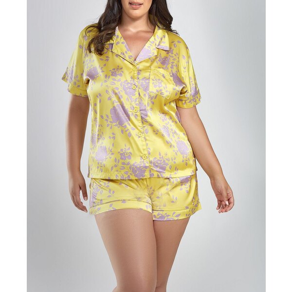 アイコレクション レディース カジュアルパンツ ボトムス Plus Size Satin Print 2 Piece Notched Short Sleeve and Shorts Pajama Set Yellow-Purple