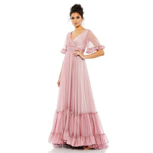 マックダガル レディース ワンピース トップス Women's Butterfly Ruffle Trimmed Sleeve Wrap Over Flowy Gown Rose マックダガル レディース ワンピース トップス Women's Butterfly Ruffle Trimmed Sleeve Wrap Over Flowy Gown Rose
