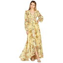 ララ レディース ワンピース トップス Women's Long Sleeve V-Neck, Layered Skirt Print Dress Yellow