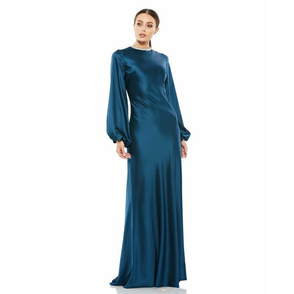 マックダガル レディース ワンピース トップス Women's Ieena Satin Long Blouson Sleeve Evening Gown Sapphire