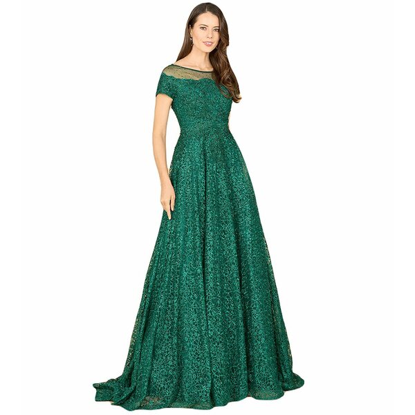 ララ レディース ワンピース トップス Women's Sheer Boat Neck Ball Gown Green