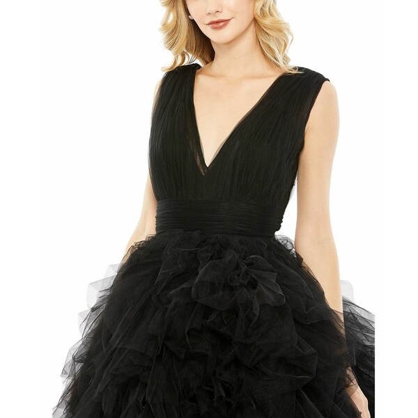 マックダガル レディース ワンピース トップス Women's Ruffled Cap Sleeve V-Neck A Line Tulle Dress Black