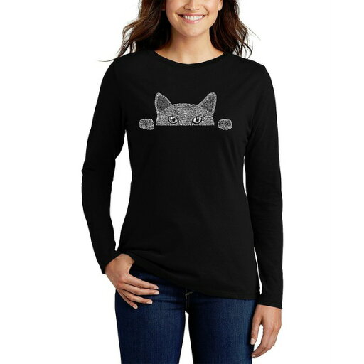 エルエーポップアート レディース Tシャツ トップス Women's Long Sleeve Word Art Peeking Cat T-shirt Black エルエーポップアート レディース Tシャツ トップス Women's Long Sleeve Word Art Peeking Cat T-shirt Black