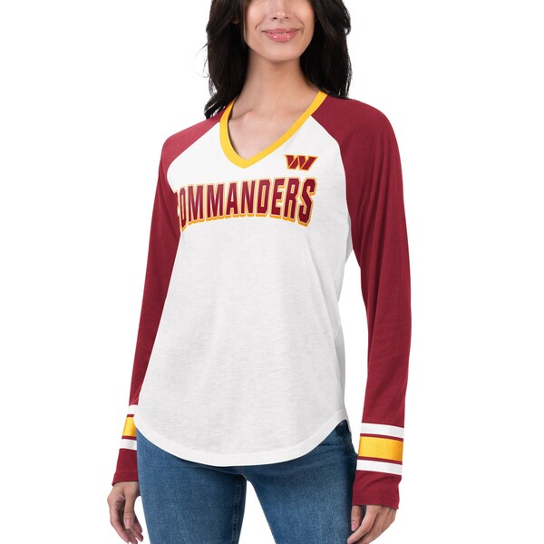 カールバンクス レディース Tシャツ トップス Washington Commanders GIII 4Her by Carl Banks Women's Top Team Raglan VNeck Long Sleeve TShirt White/Burgundy