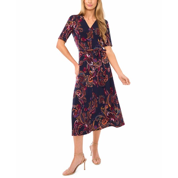 ミスク レディース ワンピース トップス Women's V-Neck Tie Waist Midi Dress Spice