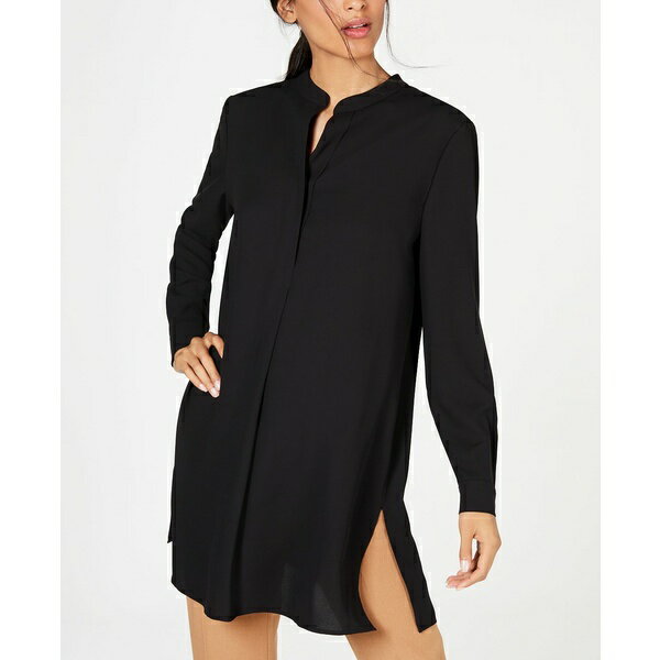 アンクライン レディース カットソー トップス Women's Split-Neck Long-Sleeve Nehru Tunic Black