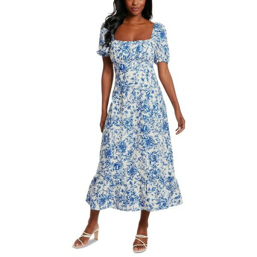ロンドンタイムス レディース ワンピース トップス Women's Puff-Sleeve Ruched Smocked-Back Empire Midi Dress Ivory/navy ロンドンタイムス レディース ワンピース トップス Women's Puff-Sleeve Ruched Smocked-Back Empire Midi Dress Ivory/navy