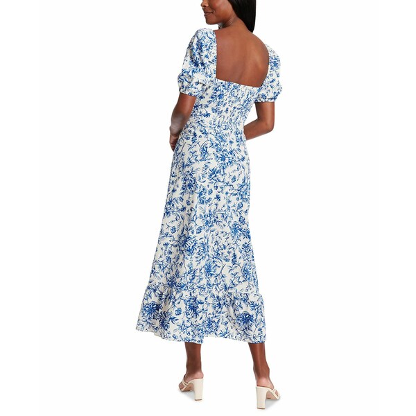 ロンドンタイムス レディース ワンピース トップス Women's Puff-Sleeve Ruched Smocked-Back Empire Midi Dress Ivory/navy