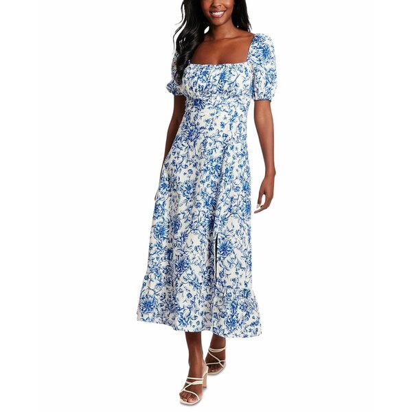 ロンドンタイムス レディース ワンピース トップス Women's Puff-Sleeve Ruched Smocked-Back Empire Midi Dress Ivory/navy