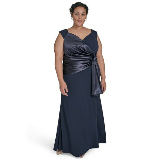 エリザジェイ レディース ワンピース トップス Plus Size Mixed-Media Scuba Crepe Sleeveless Gown Navy エリザジェイ レディース ワンピース トップス Plus Size Mixed-Media Scuba Crepe Sleeveless Gown Navy