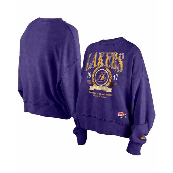 ニューエラ レディース カットソー トップス Women's Purple Los Angeles Lakers Hardwood Classics Enzyme Wash Oversized Boxy Pullover Sweatshirt Purple(4)