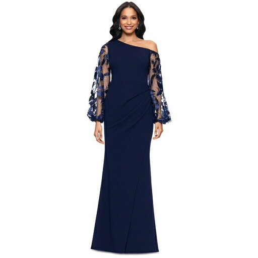 ベッツィ アンド アダム レディース ワンピース トップス Women's Asymmetric-Neck Lace-Sleeve Gown Navy ベッツィ アンド アダム レディース ワンピース トップス Women's Asymmetric-Neck Lace-Sleeve Gown Navy
