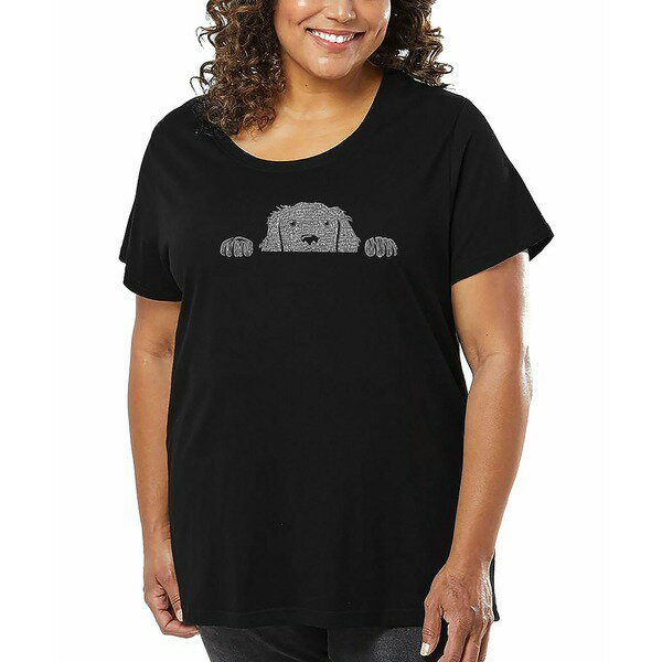 エルエーポップアート レディース カットソー トップス Plus Size Peeking Dog Word Art T-Shirt Black