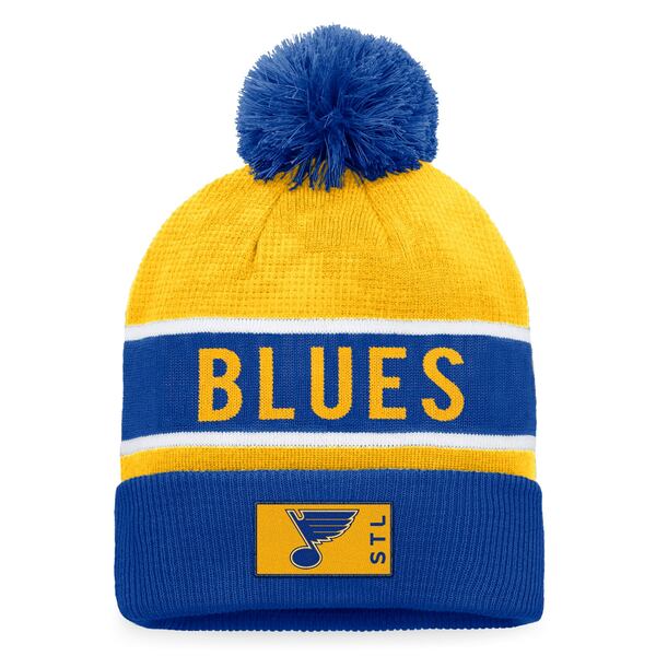 t@ieBNX Y Xq ANZT[ St. Louis Blues Fanatics Branded Authentic Pro Rink Cuffed Knit Hat with Pom Royal/Gold