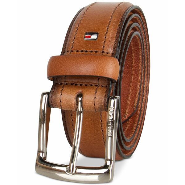トミー ヒルフィガー メンズ ベルト アクセサリー Mens Stitched Classic Dress Casual Belt Cognac